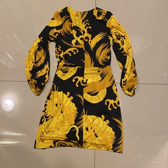 🎉Nieves Yellow & Black Print Dress w/ 3/4 Sleeve as seen on Sex in the City SzM - Picture 6 of 13